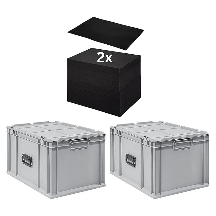 Proregal Euroboxen-Set 2x Eurobox NextGen Portable mit Rasterschaumstoff & Schaumstoffeinlage - L x B x H: 60 x 40 x 33,5 cm, Kunststoff, Grau, 2 Stk. - Zwei graue Euroboxen mit Deckel und schwarzem Schaumstoff Einsatz, als Zubehör für sicheren Transport.