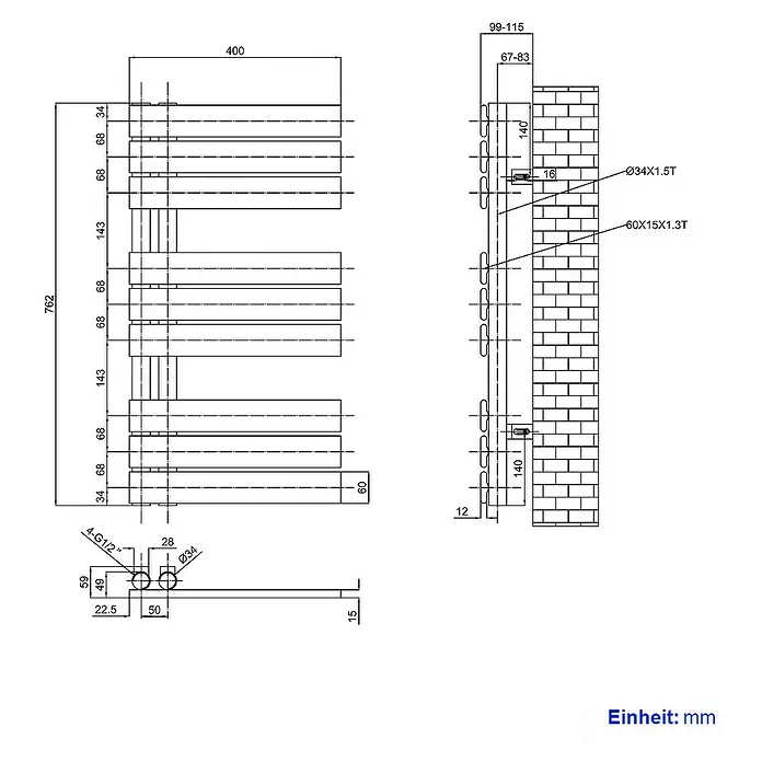 Emke Badheizkörper Flachrohr Handtuchwärmer Heatra - B x H: 40 x 76,2 cm, Anthrazit - Technische Zeichnung eines Heizkörpers mit Maßangaben für Installation und Design, inklusive Wandabstand.
