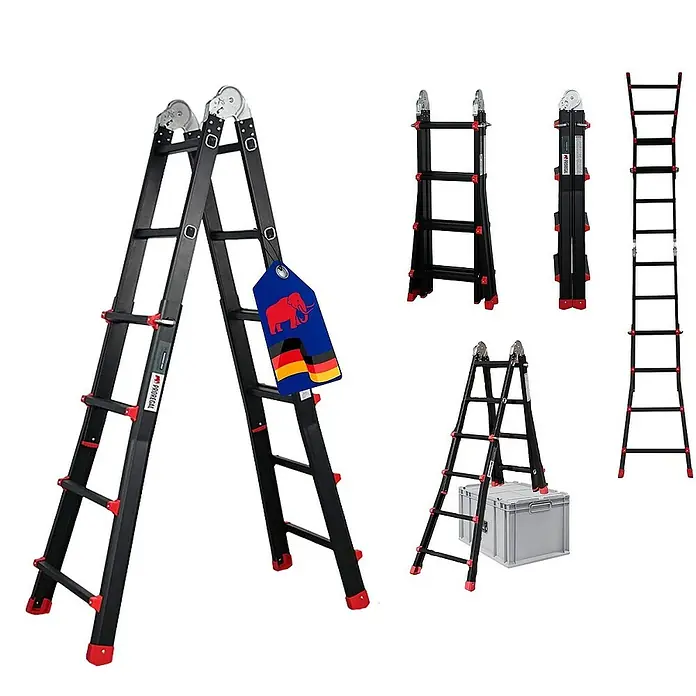 Proregal Mehrzweckleiter APOLLO 3-in-1 - Anzahl Tritte: 16 Stk., Belastbarkeit: 150 kg, Aluminium - Produktbild einer schwarzen Mehrzweckleiter in verschiedenen Konfigurationen, inklusive A-Form und gerader Ausführung.