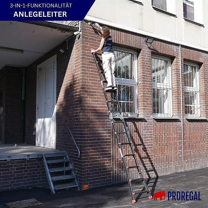 Proregal Mehrzweckleiter APOLLO 3-in-1 - Anzahl Tritte: 16 Stk., Belastbarkeit: 150 kg, Aluminium - Eine vielseitige 3-in-1 Multifunktionsleiter, die sowohl als Anlegeleiter als auch in anderen Konfigurationen verwendet werden kann.