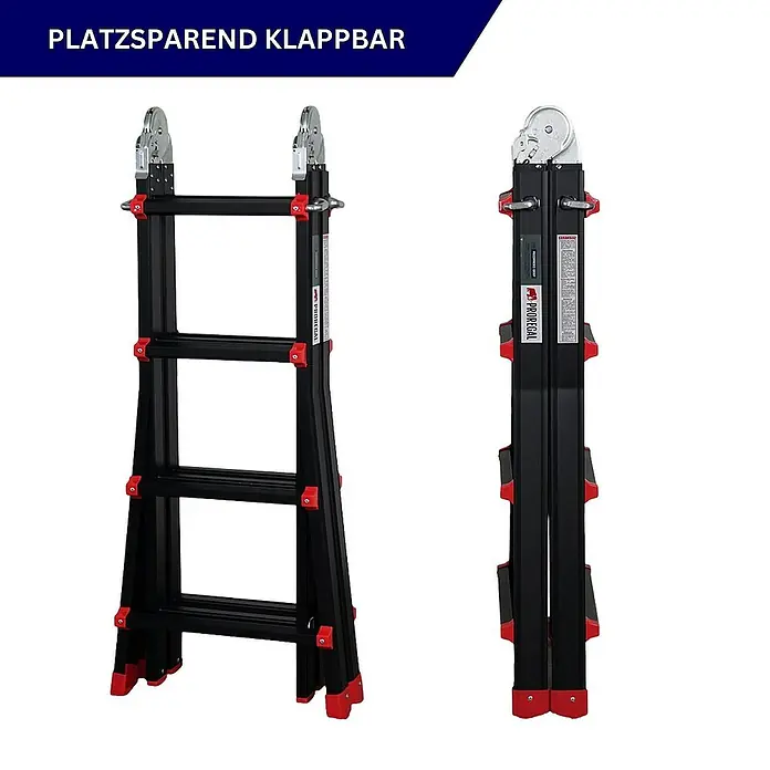 Proregal Mehrzweckleiter APOLLO 3-in-1 - Anzahl Tritte: 16 Stk., Belastbarkeit: 150 kg, Aluminium - Bild einer PROREGAL-Mehrzweckleiter, platzsparend klappbar, in zwei Ansichten: aufgestellt und zusammengeklappt.