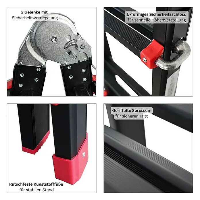 Proregal Mehrzweckleiter APOLLO 3-in-1 - Anzahl Tritte: 16 Stk., Belastbarkeit: 150 kg, Aluminium - Detailansicht einer Mehrzweckleiter mit Sicherheitsmerkmalen wie Gelenken, U-förmigem Schloss, rutschfesten Füßen und geriffelten Sprossen.