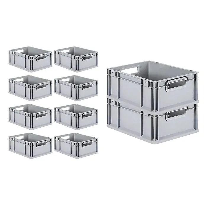 Proregal Euroboxen-Set 10x Eurobox NextGen Economy - L x B x H: 40 x 30 x 17 cm, Kunststoff, Grau, 10 Stk. - Abbildung von acht einzelnen grauen Lagerboxen und zwei gestapelten Lagerboxen.
