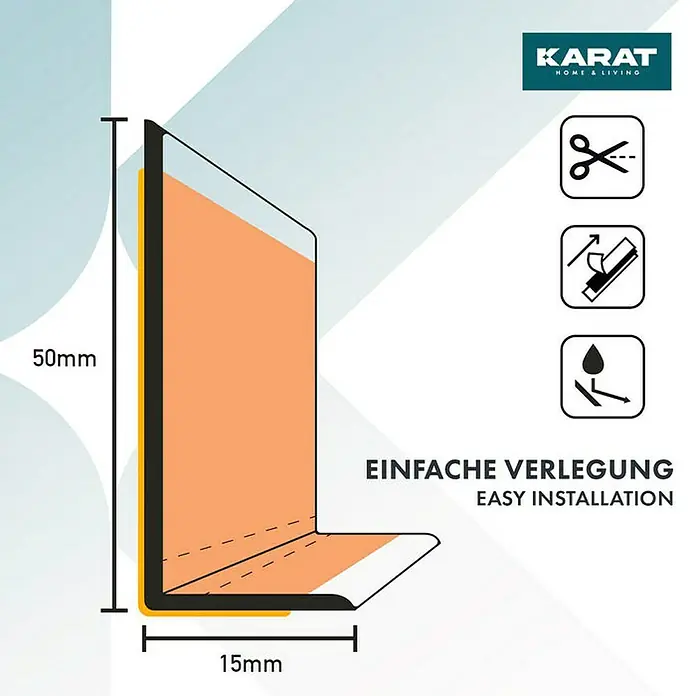 Floordirekt Sockelleiste Oslo Schwarz 50 x 15 mm - 10 m - PVC - Eine Abbildung eines Karat Home & Living Eckprofils mit Maßangaben für einfache Installation.