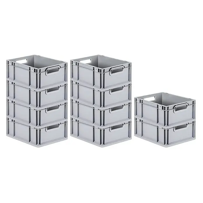 Proregal Euroboxen-Set 10x Eurobox NextGen Economy - L x B x H: 40 x 30 x 17 cm, Kunststoff, Grau, 10 Stk. - Das Bild zeigt drei Stapel grauer Euroboxen aus Kunststoff, die sich ideal für Lagerung und Transport eignen.