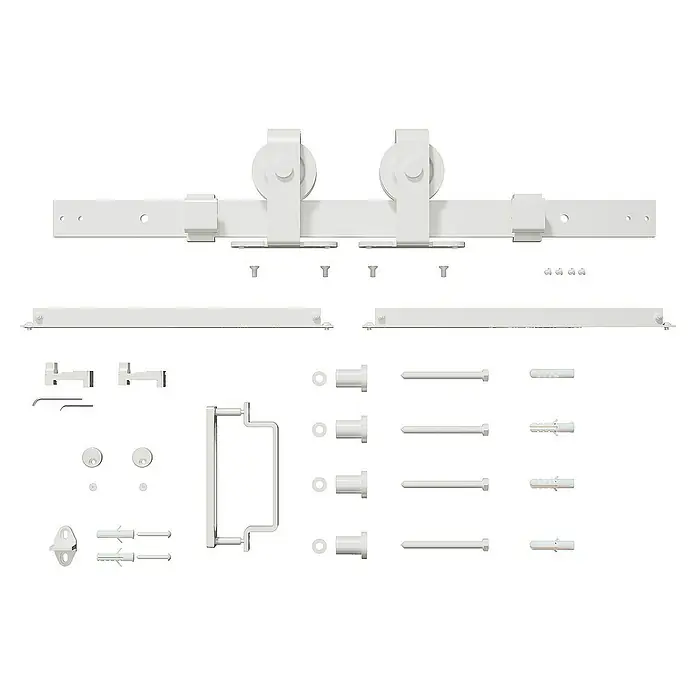 Inova Schiebetür-Komplettset Stahl Loft Klarglas Komplettset 6 Felder Kickplatte weiß inkl. Softclose -  - Ein weißes Schiebetürbeschlag-Set. Komplettes Set mit Rollen, Schiene und Zubehör für die Installation einer Schiebetür.