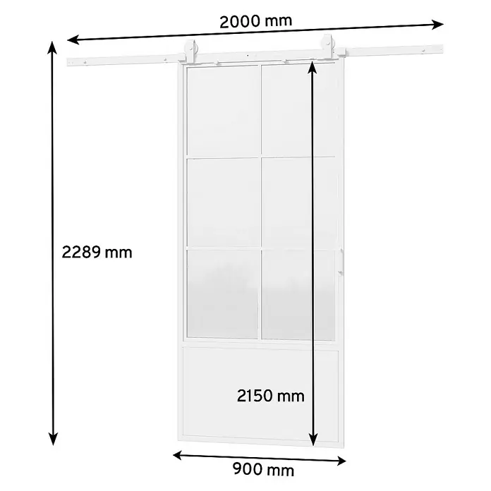 Inova Schiebetür-Komplettset Stahl Loft Klarglas Komplettset 6 Felder Kickplatte weiß inkl. Softclose -  - Bild einer weißen Schiebetür mit den Maßen 2289 mm Höhe und 900 mm Breite, ideal für moderne Innenräume.