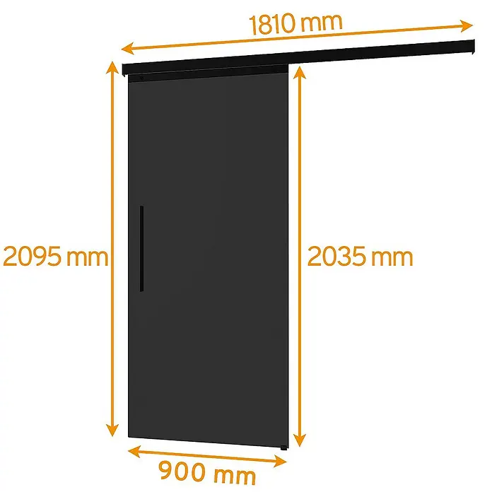 Inova Schiebetür-Komplettset Glas Komplettset vollsatiniert Grauglas schwarz mit Stabgriff + Softclose - 900 x 2.035 mm - Abbildung einer schwarzen Schiebetür mit den Maßen 2095 mm Höhe, 900 mm Breite und einer Schienenlänge von 1810 mm.