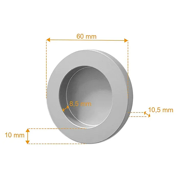 Inova Schiebetür-Komplettset Glas Komplettset wellenförmig mit Griffmuschel - 755 x 2.035 mm - Runder, silberfarbener Griff für Schiebetüren mit Maßangaben. Praktisches Designelement für moderne Innenräume.