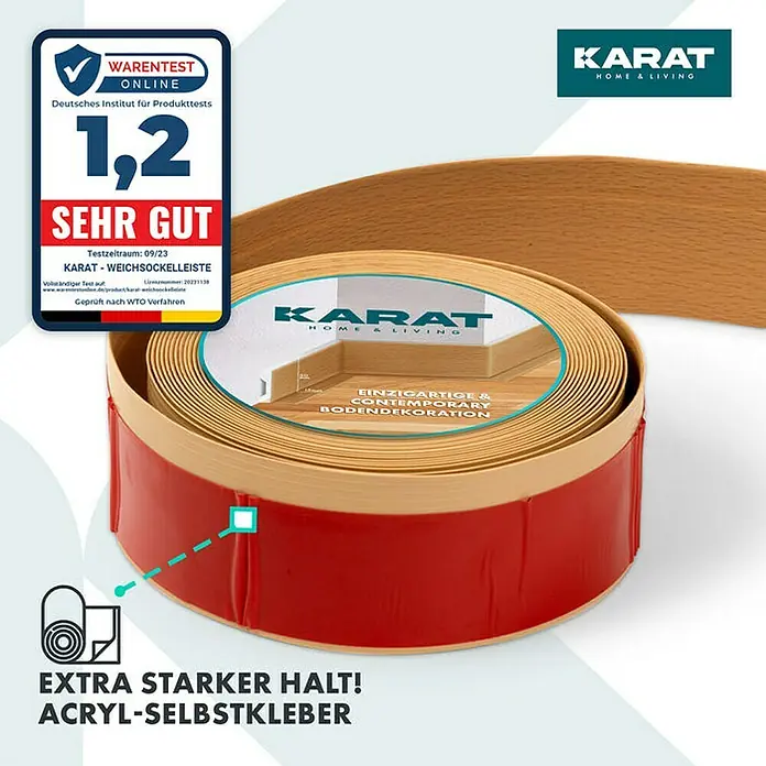 Floordirekt Sockelleiste Oslo Buche-Hell 50 x 15 mm - 25 m - PVC - Produktbild der Karat Home & Living Sockelleiste mit Acryl-Selbstkleber für einen extra starken Halt, ausgezeichnet mit "Sehr Gut" (1,2).