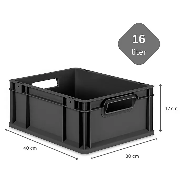 SuperSparSet 10x Eurobox NextGen Grip | HxBxT 17x30x40cm | 16 Liter | Griffe offen | Schwarz | Eurobehälter, Transportbox, Transportbehälter, Stapelbehälter, Box -  - Graue Kunststoffbox mit den Maßen 40 cm Länge, 30 cm Breite und 17 cm Höhe, ideal für Lagerung und Organisation mit einem Fassungsvermögen von 16 Litern.