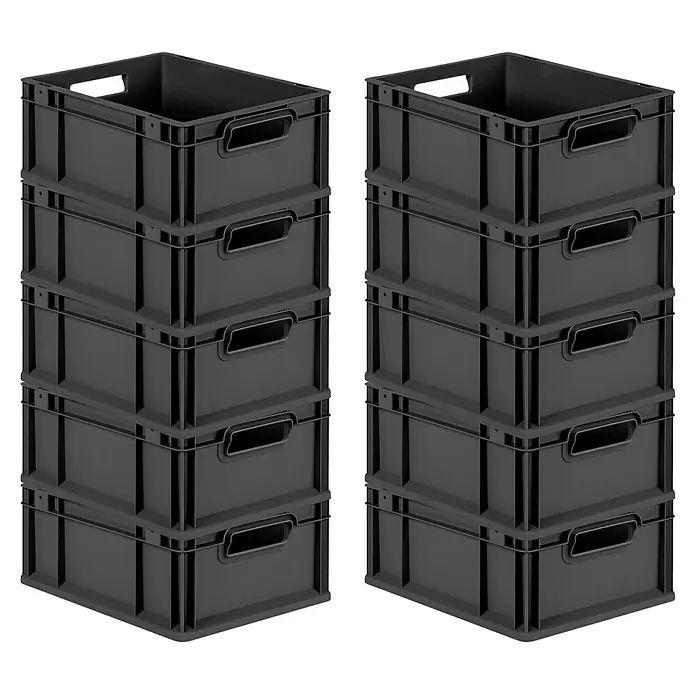 SuperSparSet 10x Eurobox NextGen Grip | HxBxT 17x30x40cm | 16 Liter | Griffe offen | Schwarz | Eurobehälter, Transportbox, Transportbehälter, Stapelbehälter, Box -  - Zwei Stapel grauer Kunststoffboxen mit Griffen, ideal für Lagerung und Organisation in verschiedenen Umgebungen.