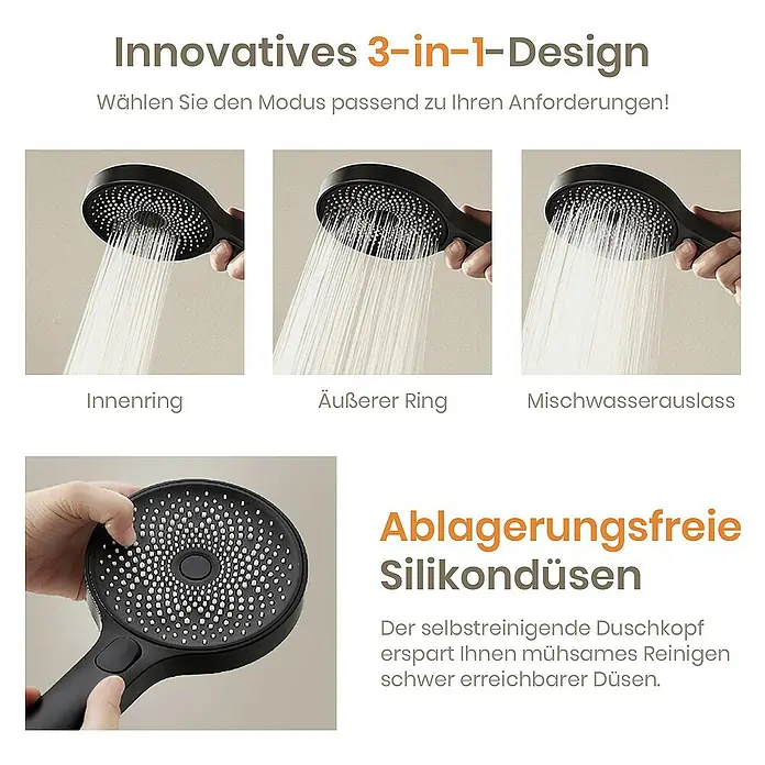 Emke Duschsystem Einstellbare Wassermenge F28 - Mit Thermostatarmatur, Lochabstand: 119 cm, Anzahl Strahlarten: 3 Stk., Schwarz - Duschkopf mit innovativem 3-in-1-Design und ablagerungsfreien Silikondüsen für eine einfache Reinigung.