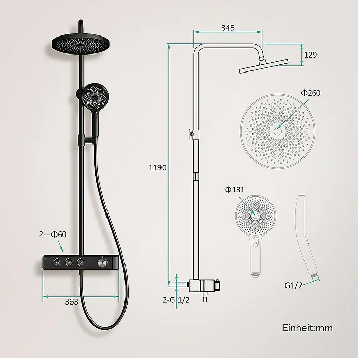 Emke Duschsystem Einstellbare Wassermenge F28 - Mit Thermostatarmatur, Lochabstand: 119 cm, Anzahl Strahlarten: 3 Stk., Schwarz - Eine Abbildung eines schwarzen Duschpaneels mit Abmessungen und technischen Details wie Durchmesser und Länge in Millimetern.