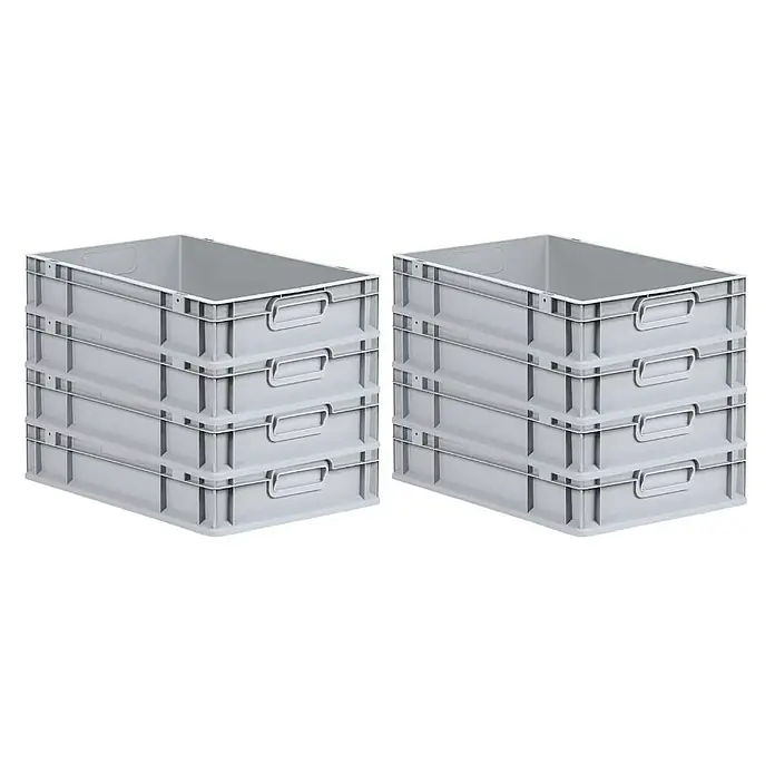 Proregal Euroboxen-Set 8x Eurobox NextGen Economy - L x B x H: 60 x 40 x 12 cm, Kunststoff, Grau, 8 Stk. - Zwei Stapel von vier grauen Eurobehältern, die für eine effiziente Lagerung und Organisation konzipiert sind.