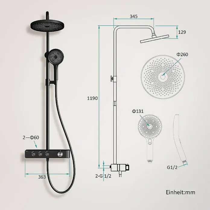 Emke Duschsystem Einstellbare Wassermenge F28 - Mit Thermostatarmatur, Lochabstand: 119 cm, Anzahl Strahlarten: 3 Stk., Schwarz - Abbildung einer schwarzen Duscharmatur mit den Maßen 2-Φ60, 345, 1190, Φ131, 363, 2-G 1/2, G1/2, 129, Φ260. Einheit: mm.