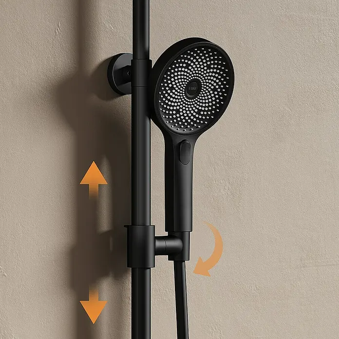 Emke Duschsystem Einstellbare Wassermenge F28 - Mit Thermostatarmatur, Lochabstand: 119 cm, Anzahl Strahlarten: 3 Stk., Schwarz - Nahaufnahme einer schwarzen Duschgarnitur mit Handbrause und verstellbarer Stange an einer hellen Wand.