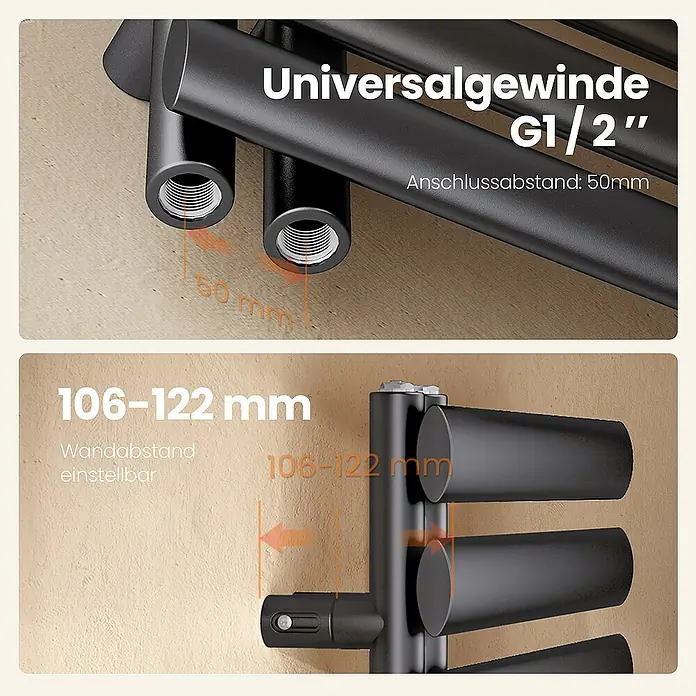 Emke Badheizkörper Elliptische Röhre Ignia SFTR4 - B x H: 60 x 174 cm, Anthrazit - Detailaufnahme eines schwarzen Heizkörpers, der die Universal-Gewindegröße G1/2" und Wandabstand von 106-122 mm zeigt.