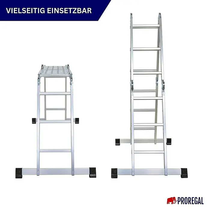 Proregal Leitergerüst Sprossen-Mehrzweckleiter MULTISTEP mit Gerüstplattform - Belastbarkeit Plattform: 150 kg - Vielseitige Aluminium-Mehrzweckleiter, flexibel einsetzbar als Arbeitsbühne oder Anlegeleiter.