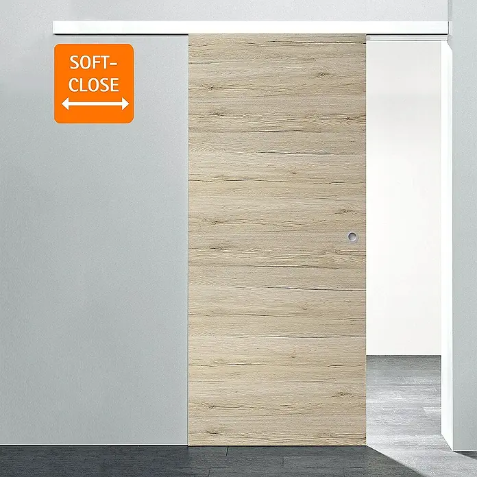 Inova Schiebetür-Komplettset Holz Komplettset Eiche San Remo mit Griffmuschel + Softclose - 880 x 2.035 mm - Schiebetür mit Soft-Close-Funktion in Holzoptik für sanftes und geräuschloses Schließen, ideal für moderne Wohnräume.
