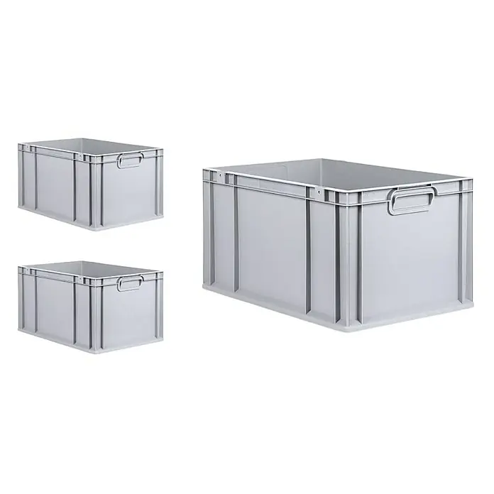 Proregal Euroboxen-Set 3x Eurobox NextGen Economy - Kunststoff, Grau, 3 Stk. - Mehrere Ansichten einer grauen, rechteckigen Kunststoffbox mit Tragegriffen, ideal für Lagerung und Transport.