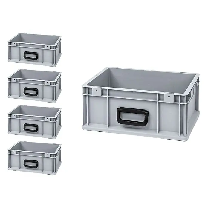 Proregal Euroboxen-Set 5x Eurobox NextGen Portable Uno - Kunststoff, Grau, 5 Stk. - Das Bild zeigt mehrere graue Lagerboxen mit schwarzen Griffen. Die Boxen sind robust und ideal zur Aufbewahrung geeignet.