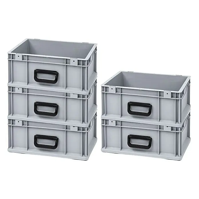 Proregal Euroboxen-Set 5x Eurobox NextGen Portable Uno - Kunststoff, Grau, 5 Stk. - Abbildung von grauen Stapelboxen aus Kunststoff mit schwarzen Griffen, die eine praktische Aufbewahrungslösung bieten.