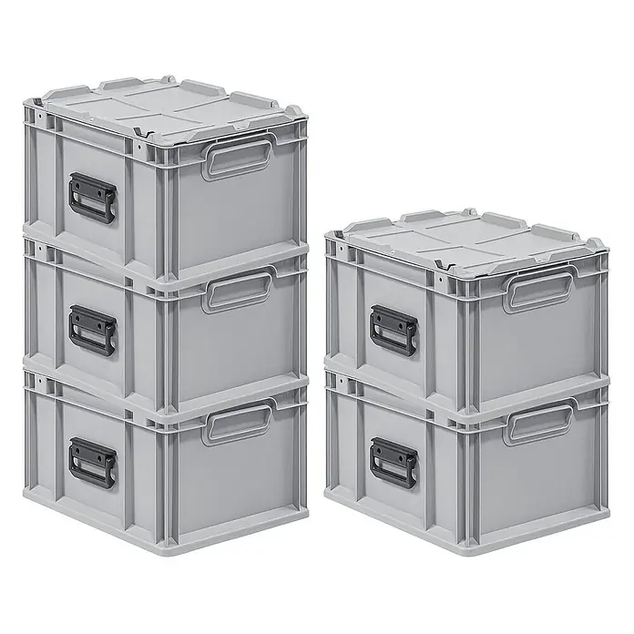 Proregal Euroboxen-Set 5x Eurobox NextGen Portable - L x B x H: 40 x 30 x 23,5 cm, Kunststoff, Grau, 5 Stk. - Graue Lagerboxen mit Deckel im Stapel. Die Boxen sind aus robustem Kunststoff gefertigt und ideal für die Lagerung verschiedener Gegenstände.