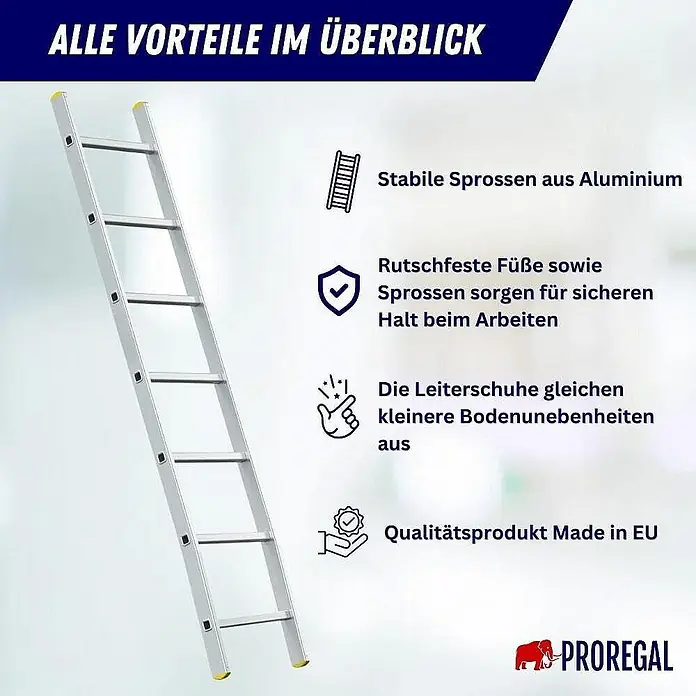 Proregal Anlegeleiter ATLAS - Anzahl Tritte: 7 Stk., Arbeitshöhe: 2.950 mm, Belastbarkeit: 150 kg, Aluminium - Aluminiumleiter mit stabilen Sprossen und rutschfesten Füßen für sicheren Halt, Made in EU.