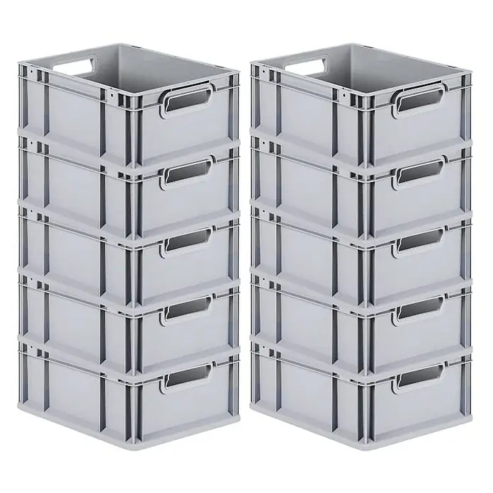 Proregal Eurobox Eurobox NextGen Economy - L x B x H: 40 x 30 x 22 cm, Kunststoff, Grau - Zwei Stapel grauer Kunststoffboxen mit praktischen Griffen für Lagerung und Organisation.