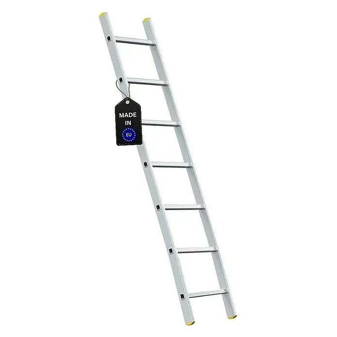 Proregal Anlegeleiter ATLAS - Anzahl Tritte: 7 Stk., Arbeitshöhe: 2.950 mm, Belastbarkeit: 150 kg, Aluminium - Eine graue Aluminiumleiter mit gelben Endstücken und einem Etikett "Hergestellt in der EU". Ideal für Haus und Garten.