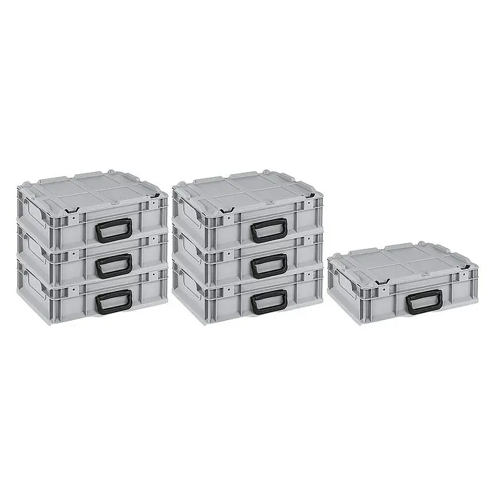 Proregal Euroboxen-Set 7x Eurobox NextGen Portable - L x B x H: 40 x 30 x 13,5 cm, Kunststoff, Grau, 7 Stk. - Das Bild zeigt drei Stapel grauer Lagerboxen mit schwarzen Griffen und eine einzelne graue Lagerbox, die vielseitig einsetzbar sind.