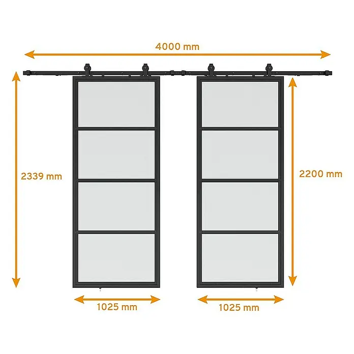 Inova Schiebetür-Komplettset Lofttür Komplettset Stahl Doppelflügelig - 2.050 x 2.200 mm - Bild einer Doppel-Schiebetür mit den Maßen 4000 mm Breite, 2339 mm und 2200 mm Höhe sowie 1025 mm Tiefe.