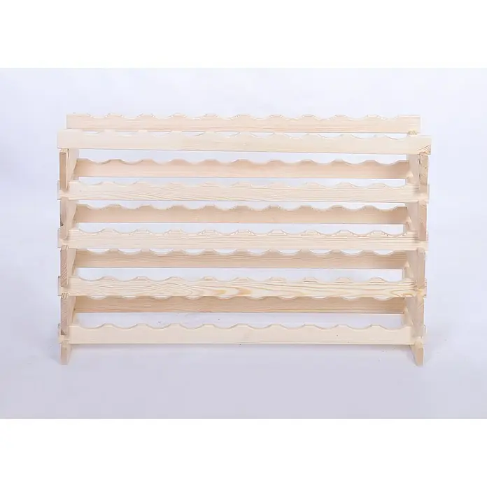 Proregal Flaschenregal Weinregal VINOTECA FLEX PRO für 50 Flaschen - L x B x H: 28 x 103 x 65 cm, Holz - Ein unbehandeltes Holzweinregal mit fünf Ebenen und wellenförmigen Halterungen für Weinflaschen präsentiert sich auf einem hellen Hintergrund.