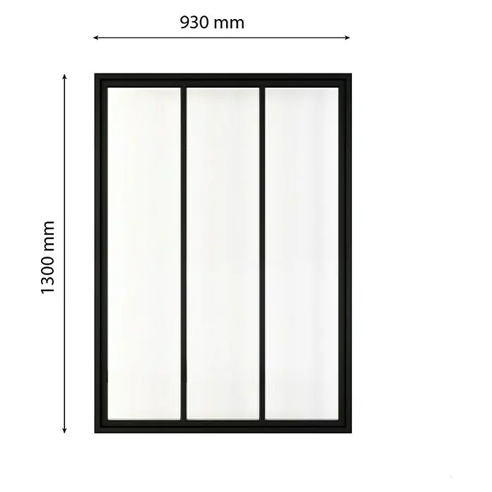 Inova Aluminiumfenster Loft Innenfenster Glas - 930 x 1.300 mm - Abbildung einer schwarzen dreiteiligen Duschwand mit klarem Glas und Maßangaben.