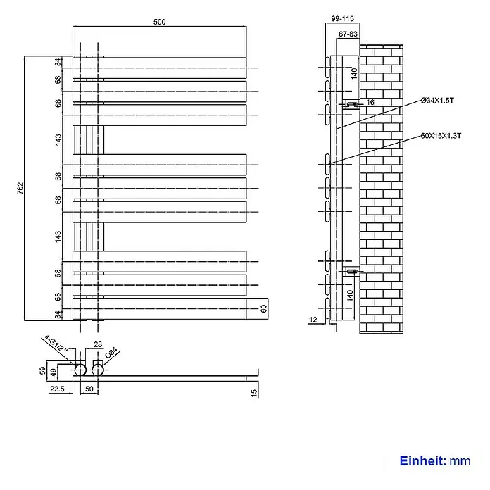 Emke Badheizkörper Flachrohr Handtuchwärmer Heatra - B x H: 50 x 76,2 cm, Anthrazit - Technische Zeichnung eines Heizkörpers mit Maßen und Details zur Wandmontage.\n