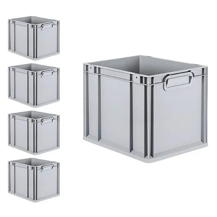 Proregal Euroboxen-Set 5x Eurobox NextGen Economy - Kunststoff, Grau, 5 Stk. - Abbildung von grauen Kunststoffboxen mit Griffen, ideal für Lagerung und Transport. Die Boxen sind robust und stapelbar.