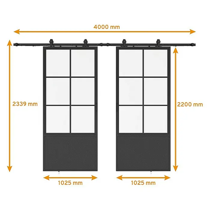 Inova Schiebetür-Komplettset Lofttür Komplettset Stahl Doppelflügelig - 2.050 x 2.200 mm - Abbildung von zwei schwarzen Schiebetüren mit Glaspaneelen und Metallrahmen, die die Abmessungen des Produkts zeigen.