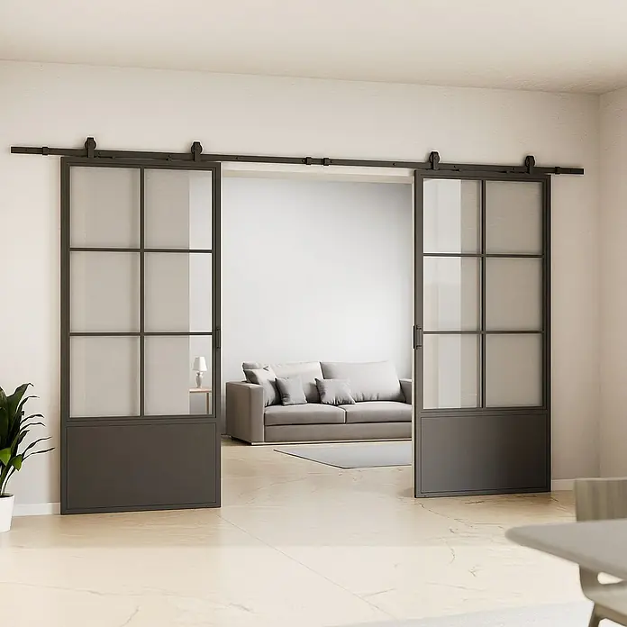 Inova Schiebetür-Komplettset Lofttür Komplettset Stahl Doppelflügelig - 2.050 x 2.200 mm - Schiebetüren im Industrial-Stil trennen stilvoll Räume ab. Die Glastüren mit schwarzem Rahmen verleihen dem Interieur einen modernen Touch.
