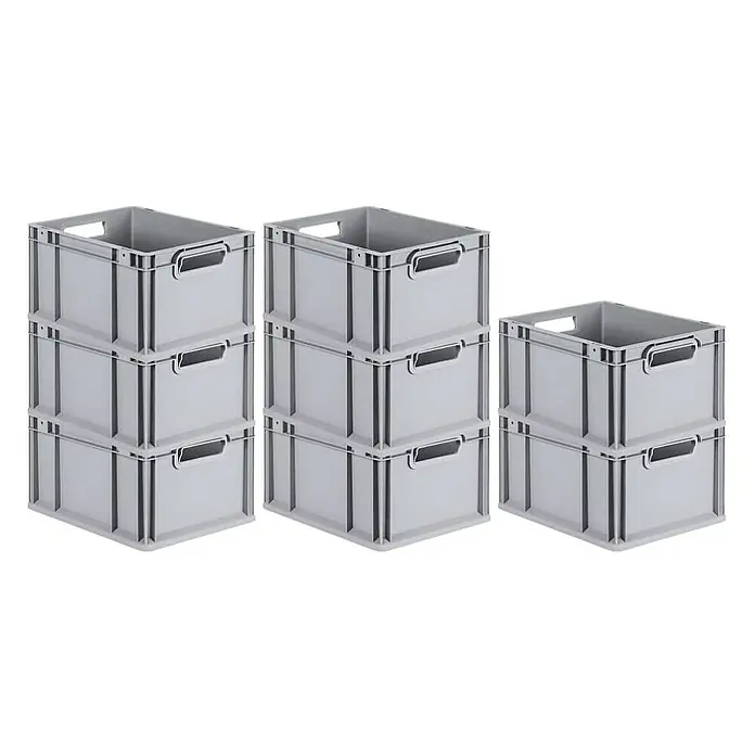 Proregal Euroboxen-Set 8x Eurobox NextGen Economy - L x B x H: 40 x 30 x 22 cm, Kunststoff, Grau, 8 Stk. - Graue Kunststoffboxen, gestapelt in zwei Dreierstape und einem Zweierstape, ideal für Lagerung und Organisation.
