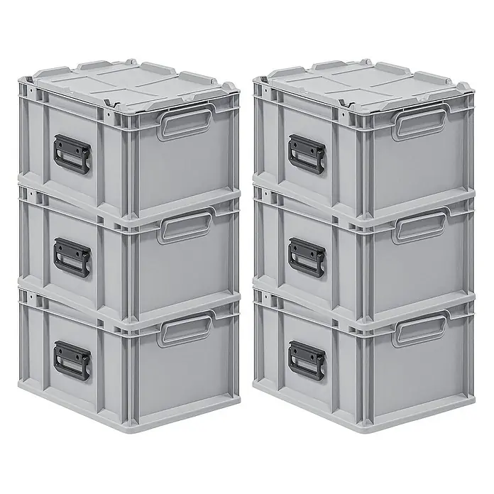 Proregal Euroboxen-Set 6x Eurobox NextGen Portable - L x B x H: 40 x 30 x 23,5 cm, Kunststoff, Grau, 6 Stk. - Graue Lagerboxen mit Deckel, drei Stück gestapelt, robust und praktisch für die Organisation von Gegenständen.