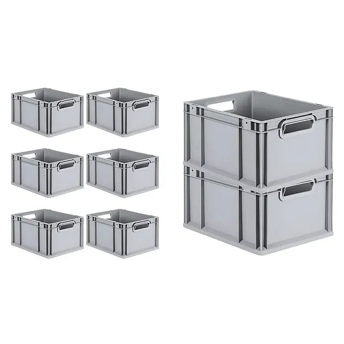 Proregal Euroboxen-Set 8x Eurobox NextGen Economy - L x B x H: 40 x 30 x 22 cm, Kunststoff, Grau, 8 Stk. - Graue Kunststoffboxen: Sechs einzelne Boxen links, zwei gestapelte Boxen rechts. Ideal für Lagerung und Transport.