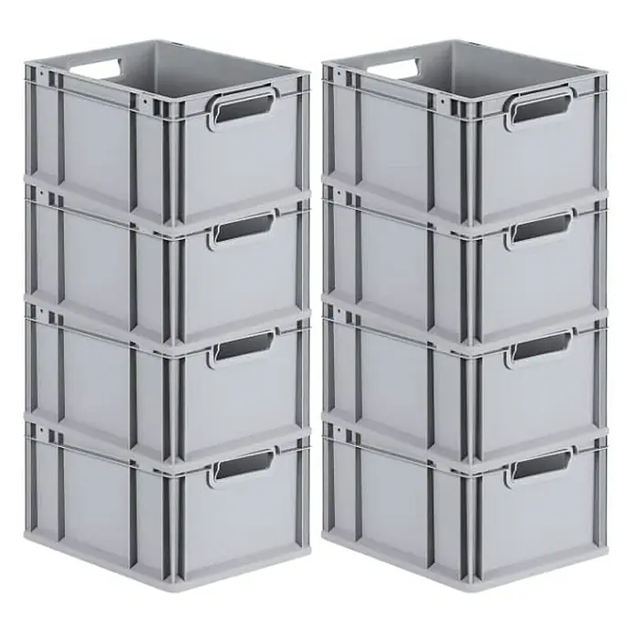 Proregal Euroboxen-Set 8x Eurobox NextGen Economy - L x B x H: 40 x 30 x 22 cm, Kunststoff, Grau, 8 Stk. - Zwei Stapel grauer Kunststoffboxen, jeder Stapel besteht aus vier Boxen mit praktischen Tragegriffen an der Seite.