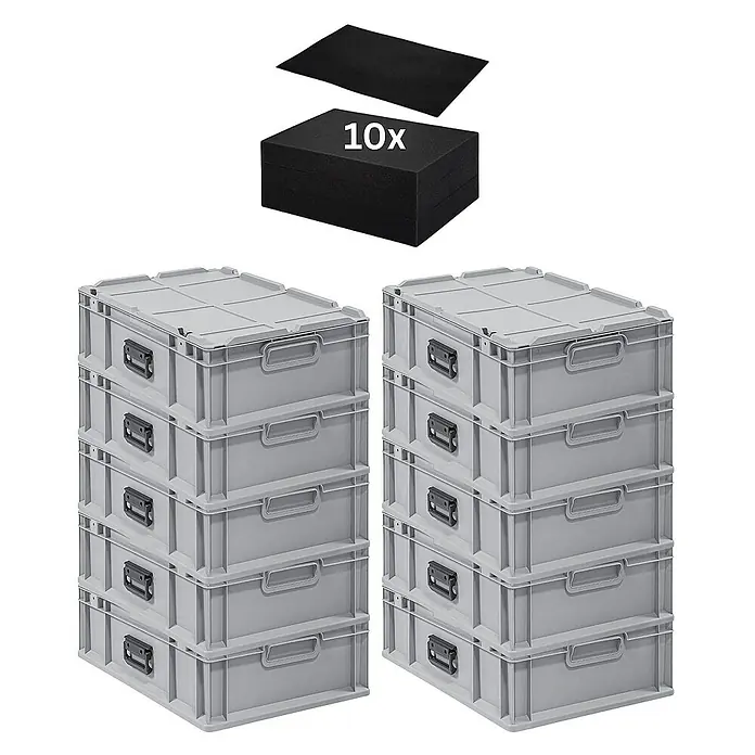 Proregal Euroboxen-Set 10x Eurobox NextGen Portable mit Rasterschaumstoff & Schaumstoffeinlage - Kunststoff, Grau, 10 Stk. - Zwei Stapel grauer Lagerkästen mit schwarzem Schaumstoffeinsatz und Deckel, ideal zur Aufbewahrung und Organisation.