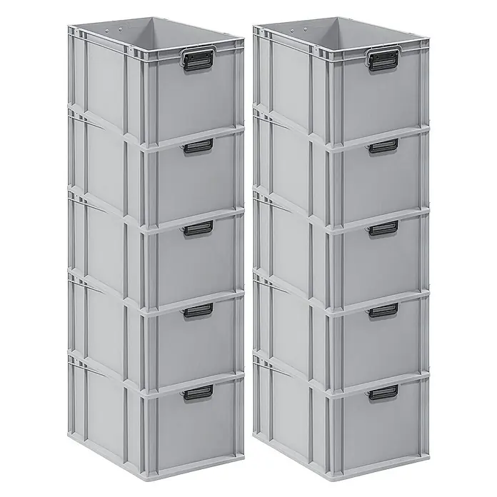 Proregal Euroboxen-Set 10x Eurobox NextGen Portable Duo - Kunststoff, Grau, 10 Stk. - Zwei Stapel grauer Euroboxen mit schwarzen Griffen, die für Lagerung und Organisation verwendet werden können.
