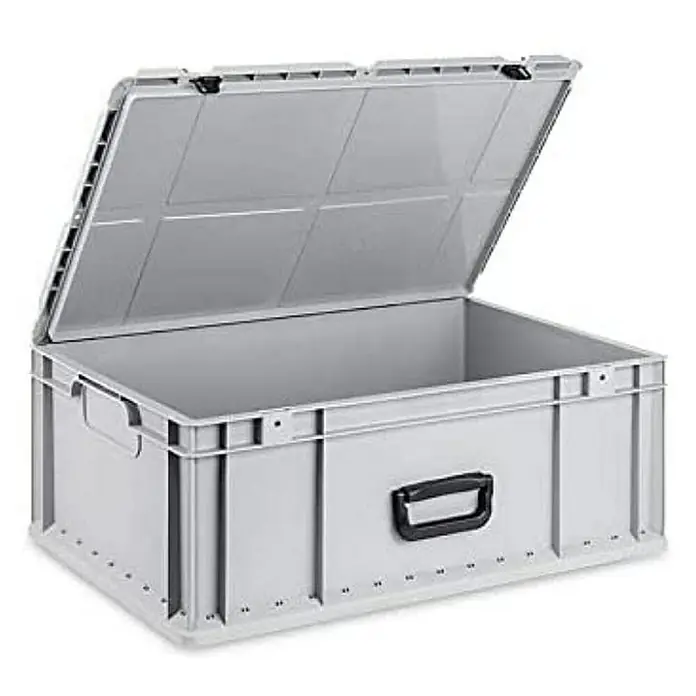 Proregal Euroboxen-Set 5x Eurobox NextGen Portable - Kunststoff, Grau, 5 Stk. - Offene, graue Lagerbox aus Kunststoff mit schwarzem Griff, ideal für Ordnung und Aufbewahrung. Deckel ist angehoben und offen.