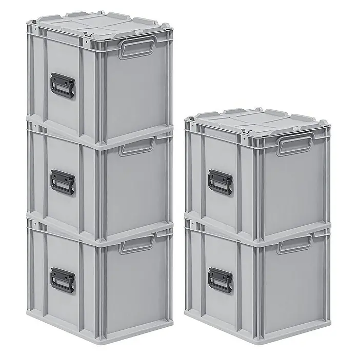Proregal Euroboxen-Set 5x Eurobox NextGen Portable - Kunststoff, Grau, 5 Stk. - Stapelbare graue Lagerbehälter mit Deckel und Griffen, ideal für Organisation und Aufbewahrung im Haushalt oder Lager.