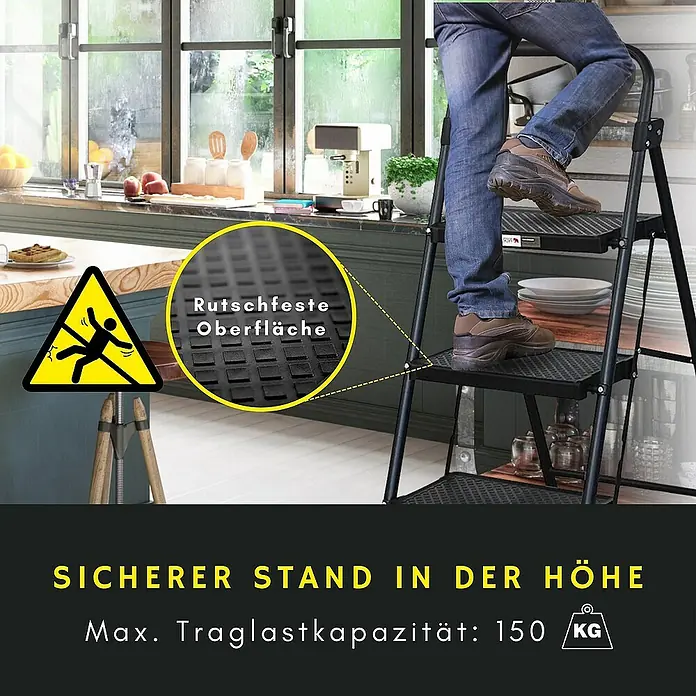 Proregal Klapptritt Profi-Trittleiter klappbar - Anzahl Tritte: 3 Stk., Arbeitshöhe: 2.500 mm, Belastbarkeit: 150 kg, Stahl - Rutschfeste Trittleiter für sicheren Stand in der Höhe, max. Traglast 150 kg.