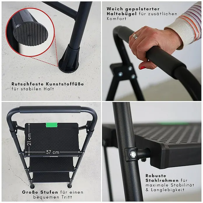 Proregal Klapptritt Profi-Trittleiter klappbar - Anzahl Tritte: 3 Stk., Arbeitshöhe: 2.500 mm, Belastbarkeit: 150 kg, Stahl - Produktdetailaufnahme einer schwarzen Tritthockerleiter mit rutschfesten Füßen, gepolstertem Haltebügel, großen Stufen und robustem Stahlrahmen.