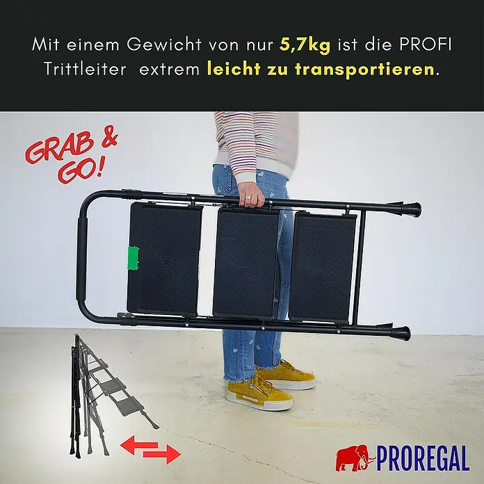 Proregal Klapptritt Profi-Trittleiter klappbar - Anzahl Tritte: 3 Stk., Arbeitshöhe: 2.500 mm, Belastbarkeit: 150 kg, Stahl - Die PROFI Trittleiter mit 5,7kg ist extrem leicht zu transportieren. Praktisch zusammenklappbar und einfach zu verstauen.